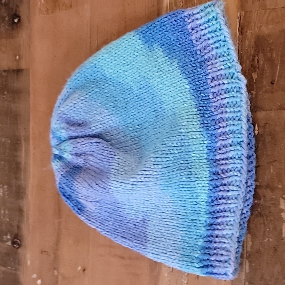 EUC Hand Knitted Blue, Green & Purple Beanie/Knit Hat- One Size